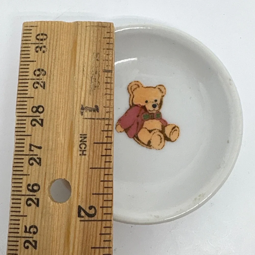 Vintage Miniature Teddy Bear Ceramic Trinket Dish White Round 2